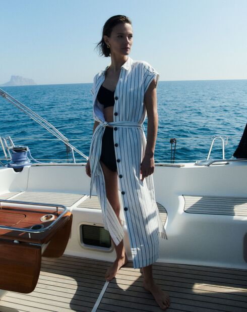 Robe en  Lin mélangé Rbetina rayée ivoire