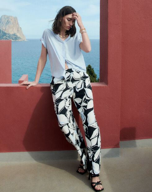 Pantalon évasé en Lin mélangé Pimeo à fleurs noir