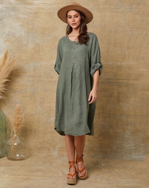 Cadence kaki groene jurk van 100% linnen