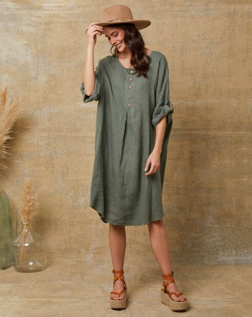 Cadence kaki groene jurk van 100% linnen