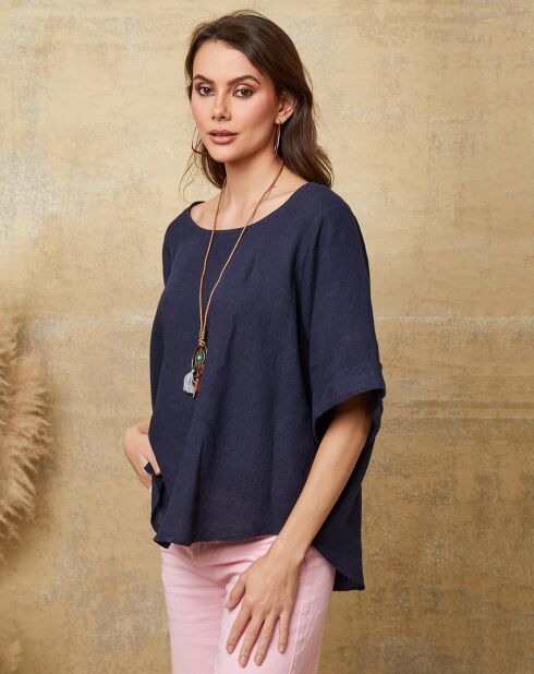 Marineblauwe top van 100% linnen Calane