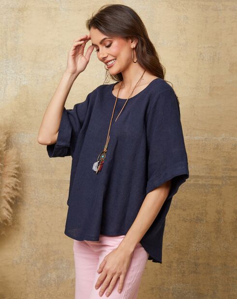 Marineblauwe top van 100% linnen Calane