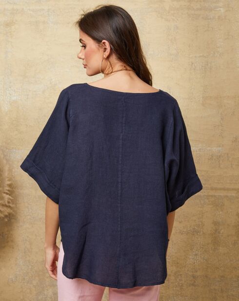 Marineblauwe top van 100% linnen Calane