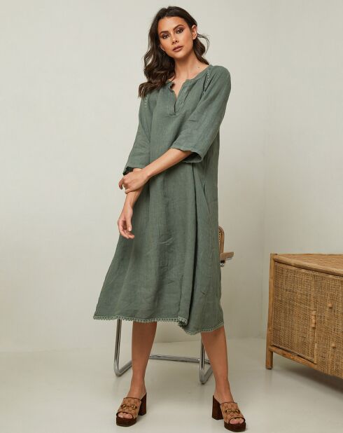 Khakigrünes Kleid Granael aus 100% Leinen