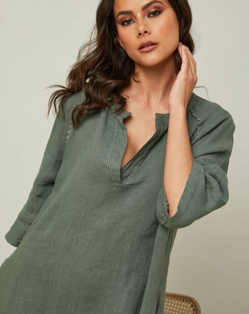 Khakigrünes Kleid Granael aus 100% Leinen