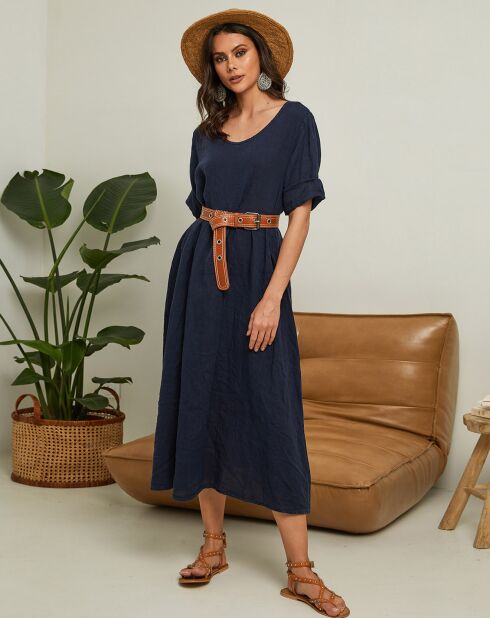 Gustav marineblauwe jurk van 100% linnen