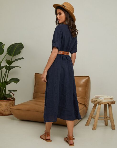 Gustav marineblauwe jurk van 100% linnen