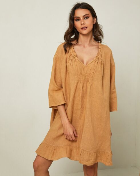 Jasmine camel jurk van 100% linnen