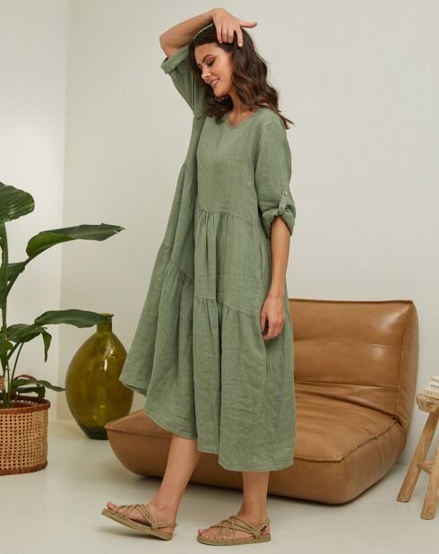 Robe 100% Lin Lantana vert kaki