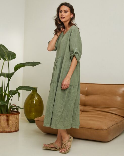 Robe 100% Lin Lantana vert kaki