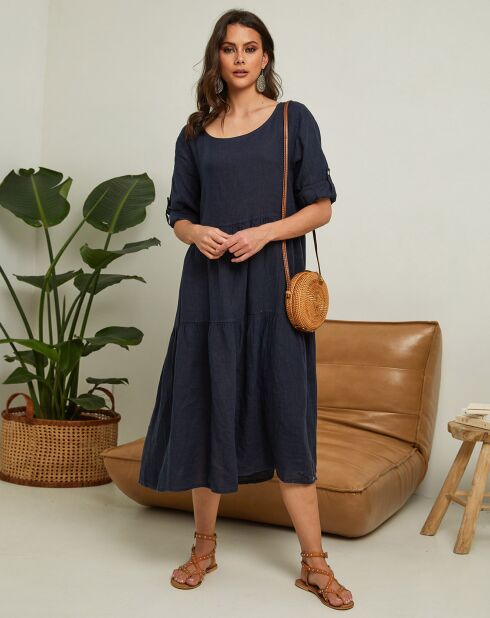 Robe 100% Lin Lantana bleu marine
