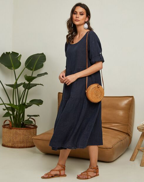 Robe 100% Lin Lantana bleu marine