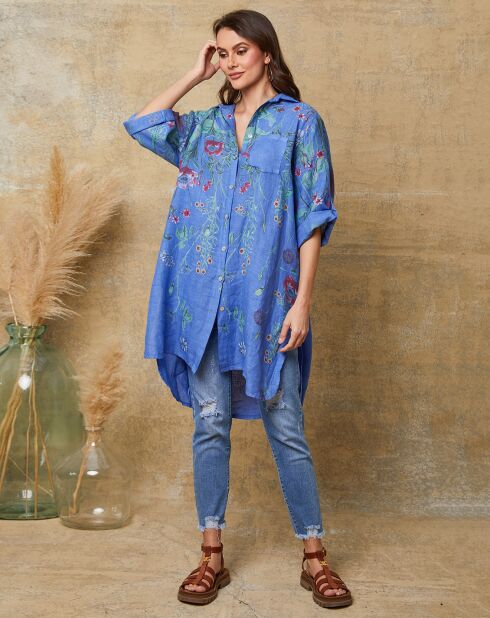 Blauwe jurk van 100% linnen Pardess