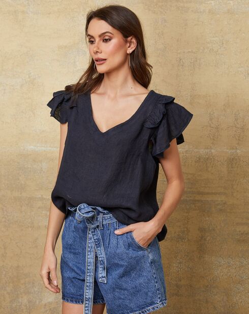 Marineblauwe top van 100% linnen Quiriem