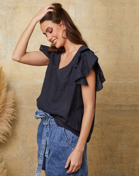 Marineblauwe top van 100% linnen Quiriem