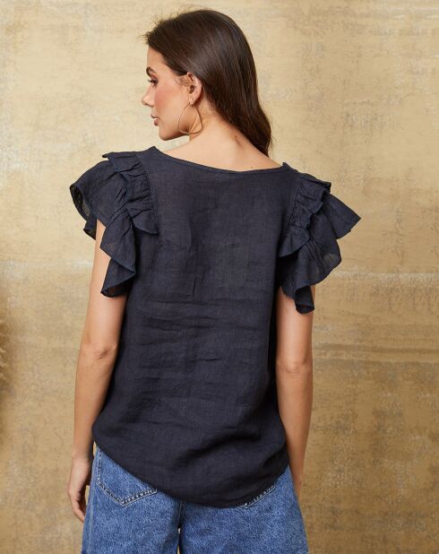 Marineblauwe top van 100% linnen Quiriem