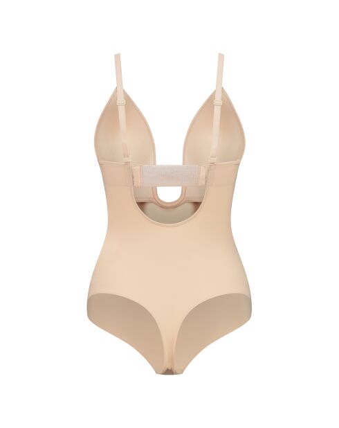 Schmal geschnittener Body, der einen tief abfallenden Tanga bildet, beige