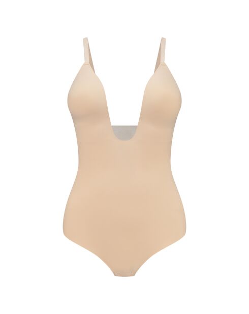 Schmal geschnittener Body, der einen tief abfallenden Tanga bildet, beige