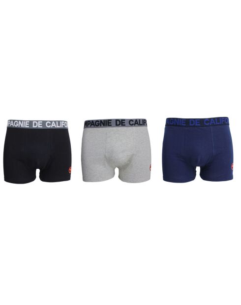 3 Boxers Unis en coton noir/bleu/gris