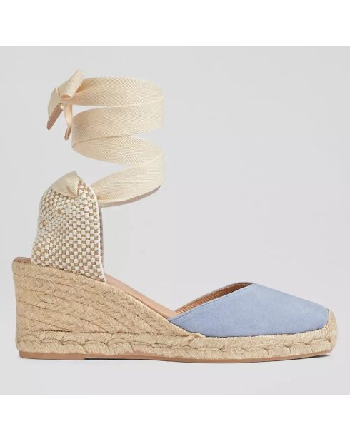 Espadrilles compensées en Velours de Cuir Maureen bleu clair - Talon 7 cm