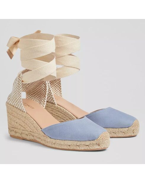 Espadrilles compensées en Velours de Cuir Maureen bleu clair - Talon 7 cm