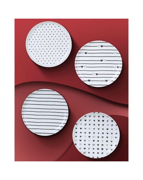 4 Assiettes dessert en Porcelaine blanc/noir - D.15 cm
