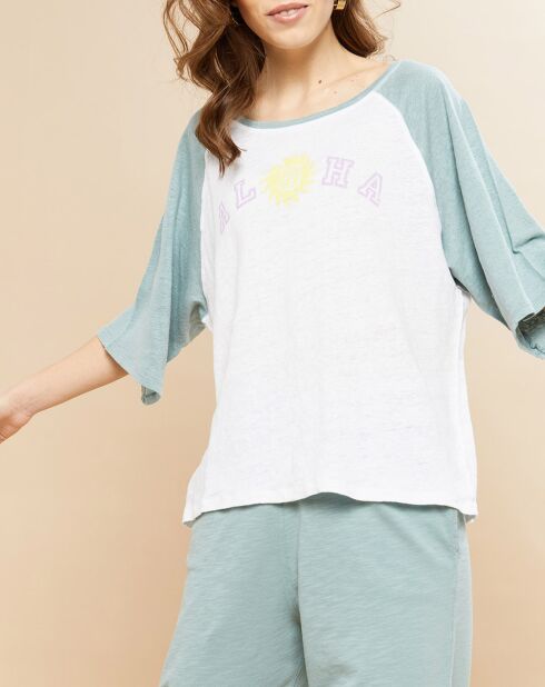 T-Shirt 100% Lin Tekla eucalyptus/blanc