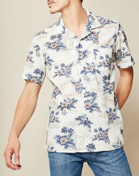 Slim shirt Slam met ecru/blauw/rode bloemen
