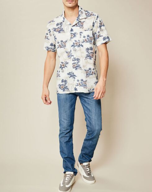 Slim shirt Slam met ecru/blauw/rode bloemen