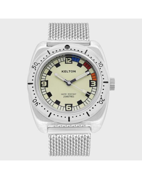 Montre Homme Quartz Sport en Maille Milanaise argenté/écru