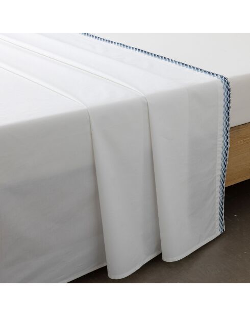 Drap plat en Percale de Coton Alcott blanc/bleu