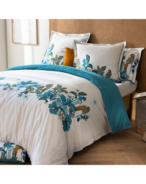 Parure housse de couette en Percale de Coton Kinston blanc/turquoise