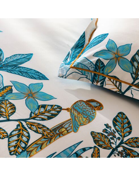 Parure housse de couette en Percale de Coton Kinston blanc/turquoise