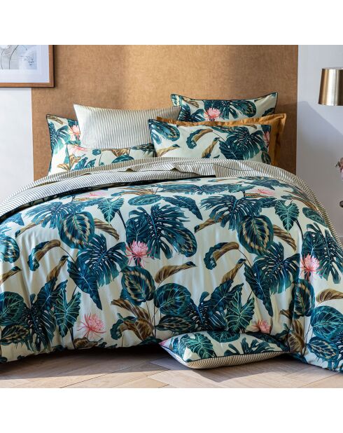 Parure housse de couette en Satin de Coton Maya ivoire/vert