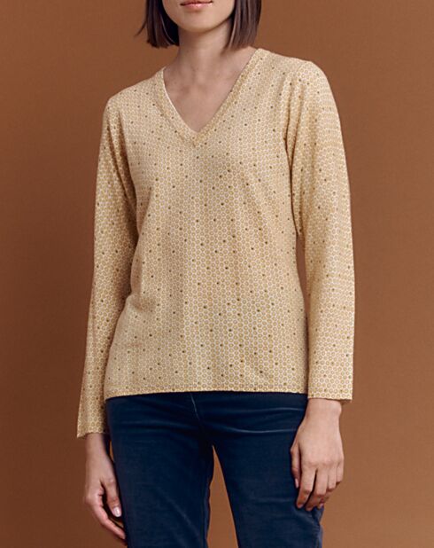 Pull en Laine & Cachemire Alveole imprimé jaune