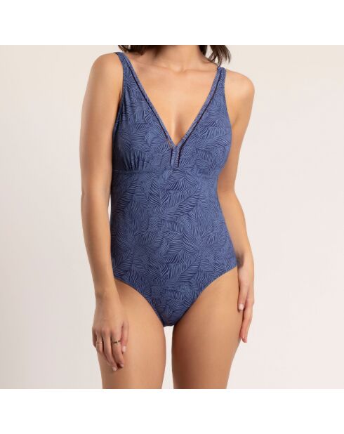 Blauer einteiliger Badeanzug mit Lochmuster