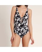 Maillot de bain 1 Pièce fleurs de plage noire