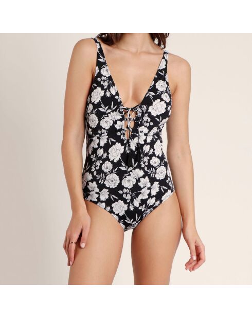 Maillot de bain 1 Pièce fleurs de plage noire