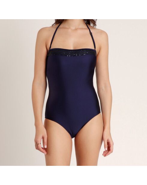 Marineblauer einteiliger Badeanzug mit Paillettenstirnband
