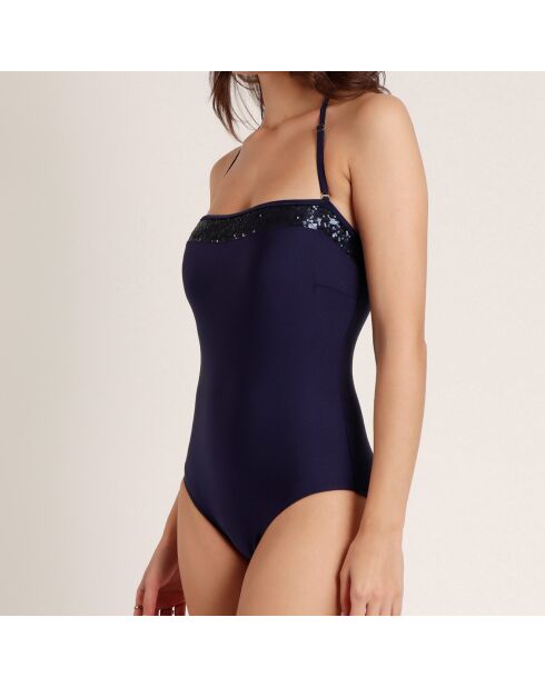 Marineblauer einteiliger Badeanzug mit Paillettenstirnband