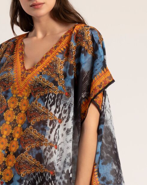 Abito caftano traforato multicolor