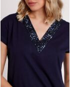 Robe manches courtes et paillettes bleu marine