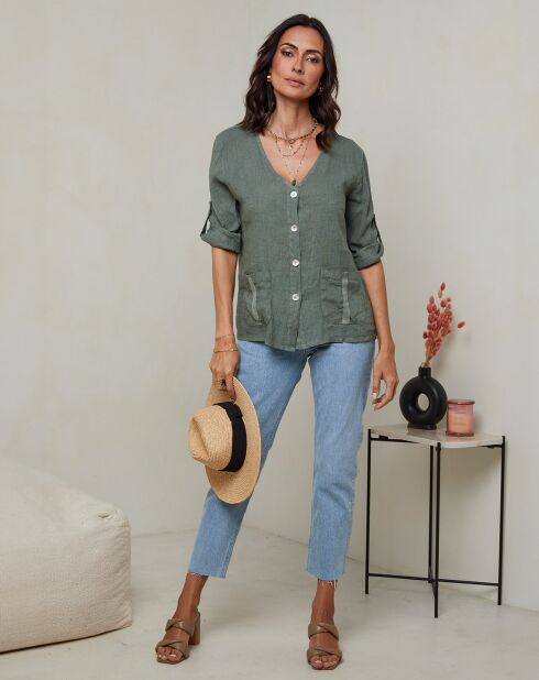 Khakifarbenes Top aus 100% Leinen