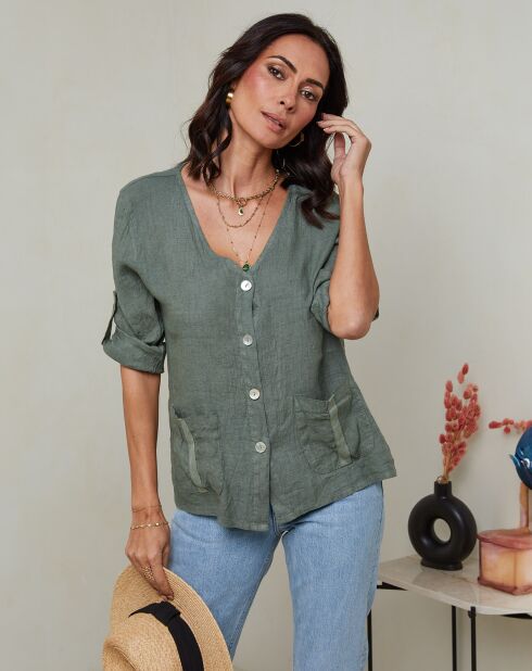 Khakifarbenes Top aus 100% Leinen