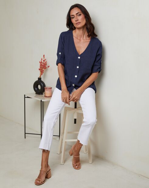 Maude marineblauwe top van 100% linnen