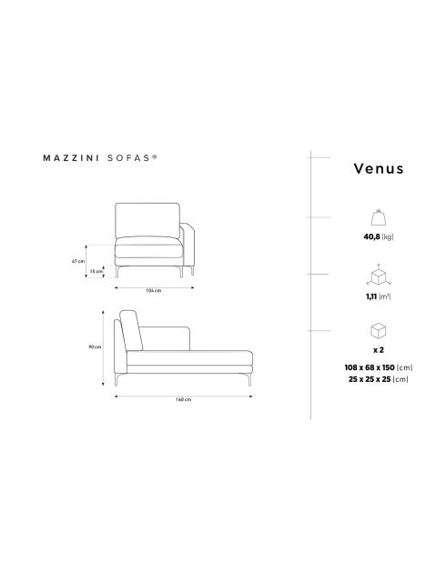 Méridienne Velours Droite Venus grise - 160x104x90 cm