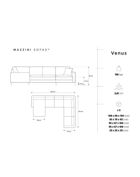 Canapé Panoramique droit Velours Venus 6 Places gris - 326x236x90 cm