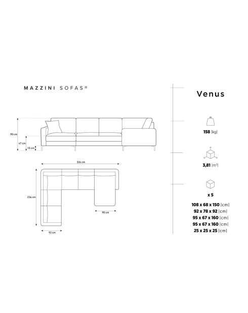 Canapé Panoramique gauche Velours Venus 6 Places beige clair - 326x236x90 cm