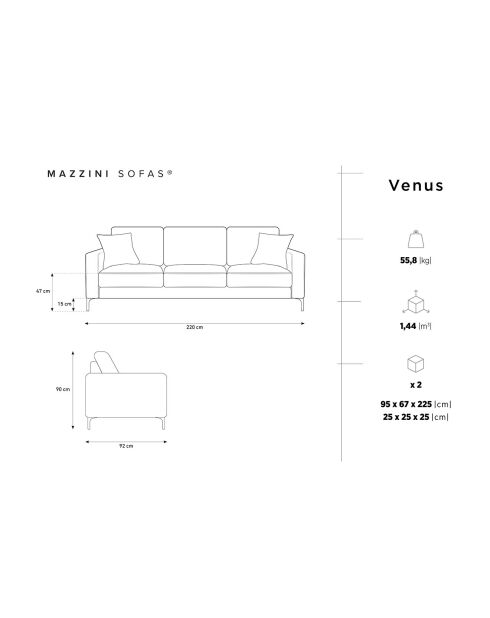 Canapé Velours Venus 3 Places beige clair - 220x92x90 cm