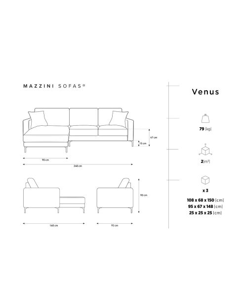 Canapé d'angle Gauche Velours Venus 4 Places beige clair - 248x160x90 cm